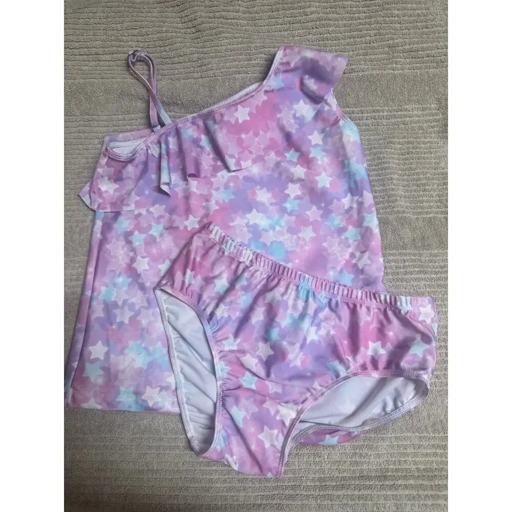 Swimsuits Girls 12-14 Years Purple Star  UPF 50+ One Shoulder Ruffles Tankini